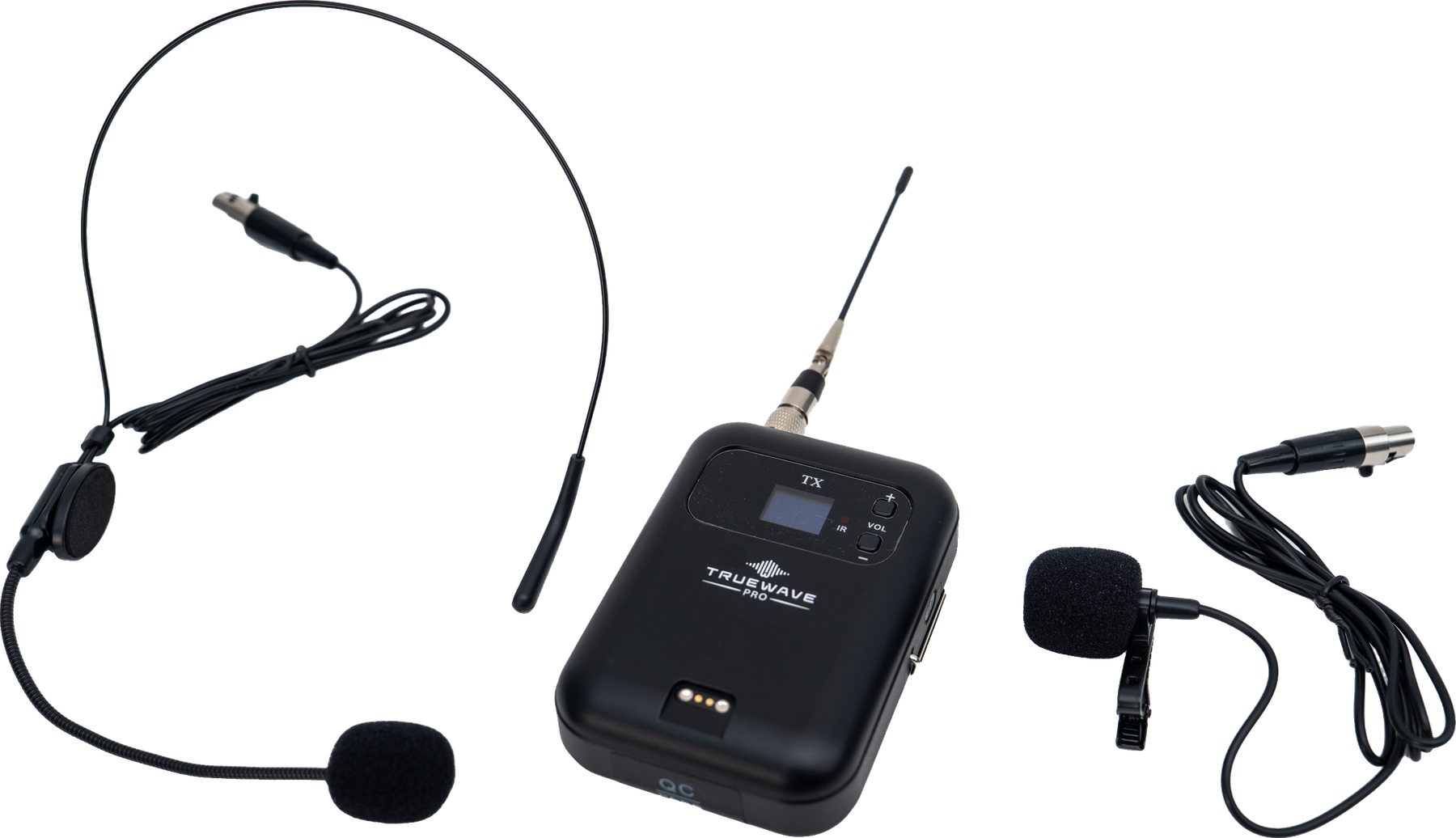 TrueWave Pro AIR-BX-B1 bodypack transmitter with headset microphone and lapel microphone